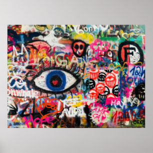 Blauer und rote Blumentextilien Poster