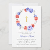Blauer und Roter Kranz Blumenjungen Taufe Einladung (Vorderseite)
