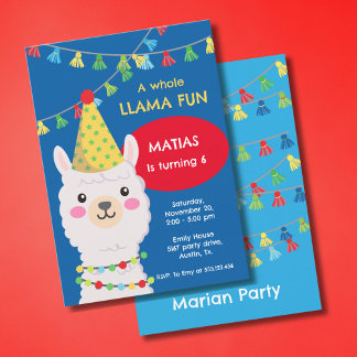 Blauer und roter Lama mit Party zur Einladung