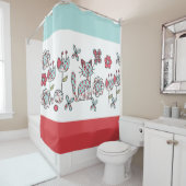 Blauer und Roter Polka Dotted Cat und Blume Duschvorhang (Beispiel)