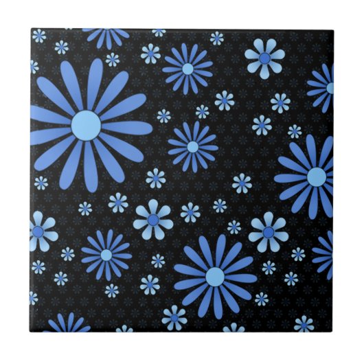 Blauer und schwarzer Blume Power Retro Fliese (Vorderseite)