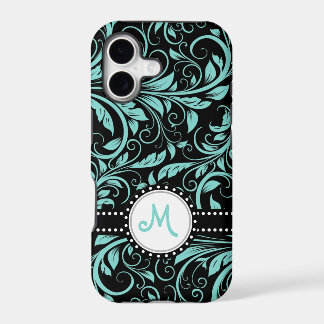 Blauer und schwarzer Damast des Aqua mit Monogramm