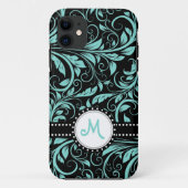 Blauer und schwarzer Damast des Aqua mit Monogramm Case-Mate iPhone Hülle (Rückseite)