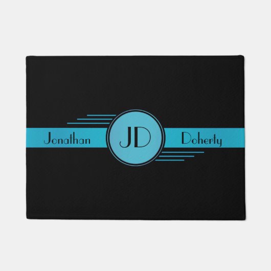 Blauer und schwarzer Monogramm-Kunst-Deko Fußmatte (Vorderseite)