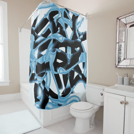 Blauer und schwarzer Schrott oder Bänder werden ze Duschvorhang (Beispiel)