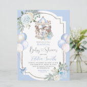 Blauer und silberer Magischer Karussell Babydusche Einladung (Stehend Vorderseite)