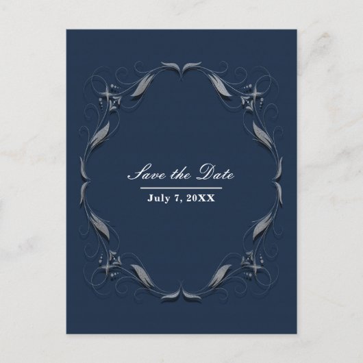 Blauer und silberer Rahmen Elegante Hochzeit Save  Ankündigungspostkarte (Vorderseite)