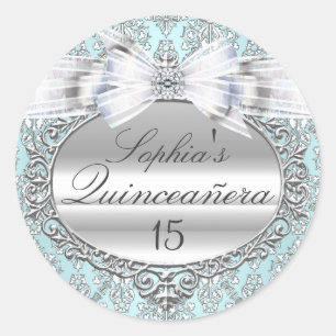 Blauer und silberner Bogen Quinceanera-Aufkleber Runder Aufkleber