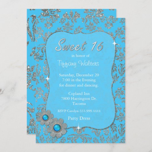 Blauer und silberner Bonbon 16 Einladung (Vorne/Hinten)