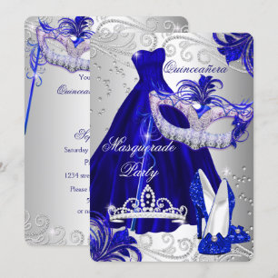 Blauer und silberner Kleid-Masquerade-Quinceanera- Einladung