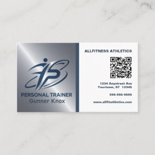 Blauer und silberner QR-Code Fitness-Trainer Visitenkarte
