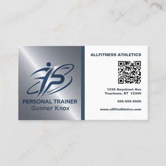 Blauer und silberner QR-Code Fitness-Trainer Visitenkarte (Vorderseite)
