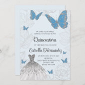 Blauer und Silberschmetterling Quinceanera Einladu Einladung (Vorne/Hinten)