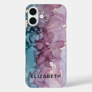 blauer und staubrosa personalisierter Goldmarmor iPhone 16 Plus Hülle