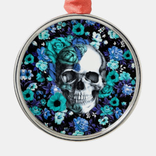 Blauer und tadelloser Retro Blumenschädel Silbernes Ornament