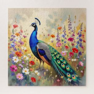 Blauer und Türkisfarbener Pfau in Blumen Puzzle