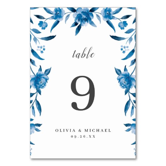Blauer und weiße Aquarelltafel Tischnummer (Rückseite)