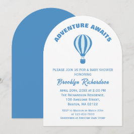 Blauer und weißer Abenteuer erwartet Boy Baby Dusc Einladung