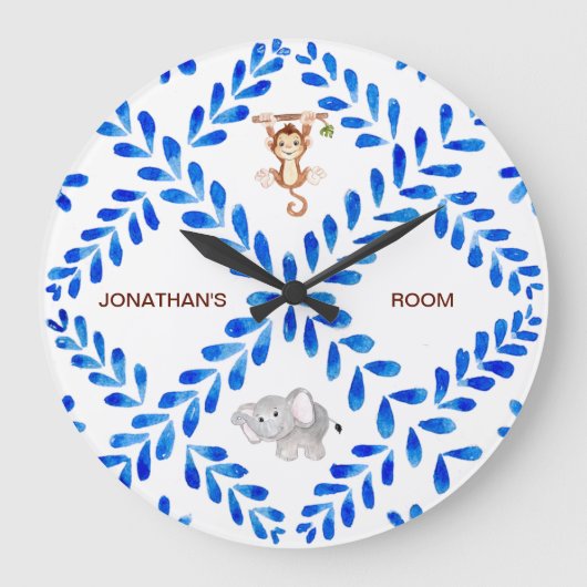 Blauer und weißer Affe Elefant Individuelle Name d Große Wanduhr (Vorderseite)