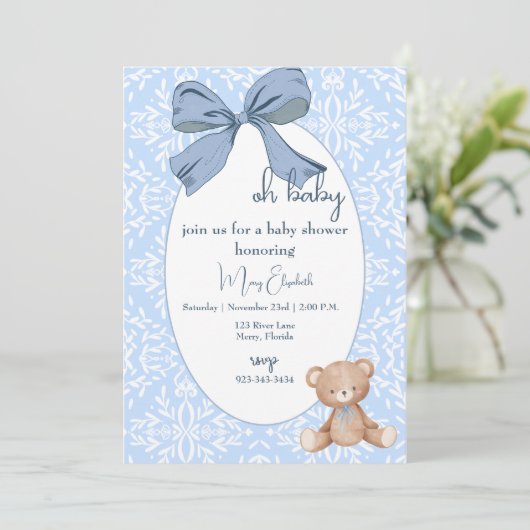 Blauer und weißer Babyduschturm Einladung (Stehend Vorderseite)