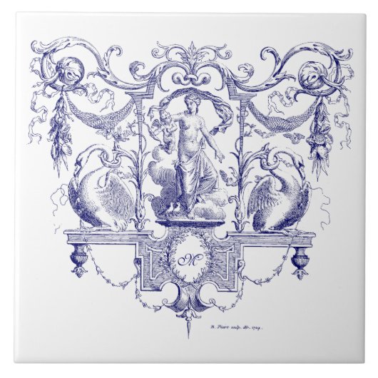 Blauer und weißer Barock Rokoko Venus & Swans Fliese (Vorderseite)