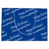 Blauer und weißer bilingual Happy Birthday Große Geschenktüte (Rückseite)