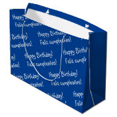 Blauer und weißer bilingual Happy Birthday Große Geschenktüte (Rückseite Schrägansicht)