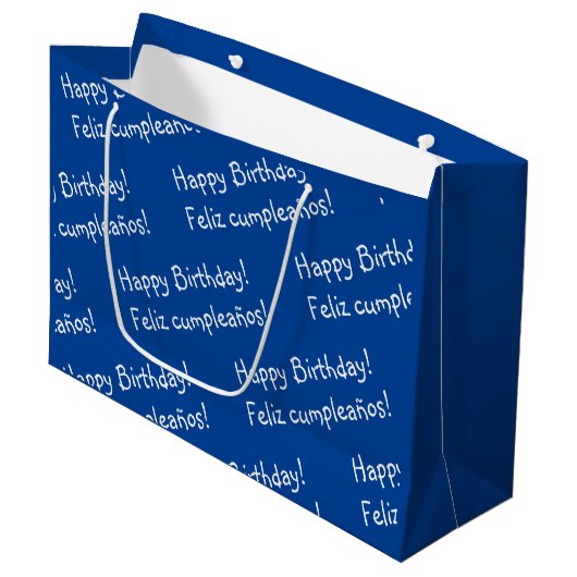 Blauer und weißer bilingual Happy Birthday Große Geschenktüte (Vorderseite Schrägansicht)