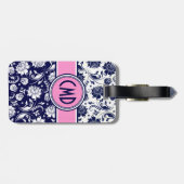 Blauer und weißer BlumenDamast rosa Akzente 2 Gepäckanhänger (Rückseite horizontal)