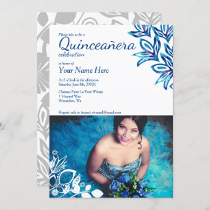 Blauer und weißer Blumenstrauß Quinceñera Foto Ein Einladung