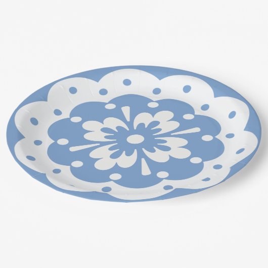 Blauer und weißer Blumenzack Papierplatte Pappteller (Schrägansicht)