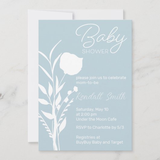 Blauer und weißer Blütenbabwuchs Einladung (Vorderseite)