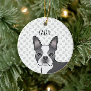 Blauer und weißer Boston-Terrier-Cartoon-Hund & Na Keramik Ornament