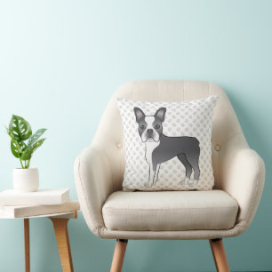 Blauer und weißer Boston-Terrier-Cartoon-Hund & Pf Kissen