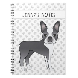 Blauer und weißer Boston-Terrier-Cartoon-Hund & Te Notizblock