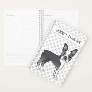 Blauer und weißer Boston-Terrier-Cartoon-Hund & Te Planer