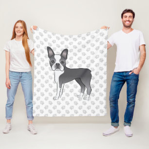 Blauer und weißer Boston-Terrier-Cartoon-Hund und  Fleecedecke