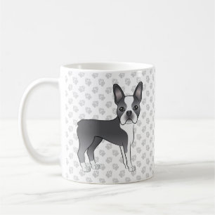 Blauer und weißer Boston-Terrier-Cartoon-Hund und Kaffeetasse