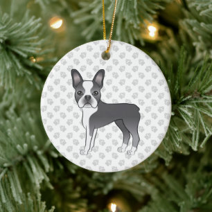 Blauer und weißer Boston-Terrier-Cartoon-Hund und  Keramik Ornament