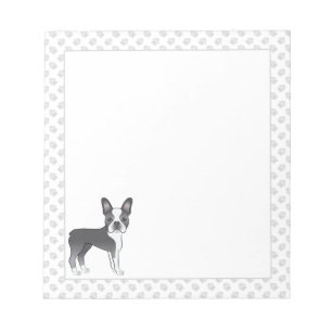 Blauer und weißer Boston-Terrier-Cartoon-Hund und  Notizblock