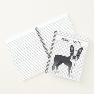 Blauer und weißer Boston-Terrier-Cartoon-Hund und  Notizblock