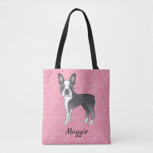 Blauer und weißer Boston Terrier Hund auf rosa Her Tasche