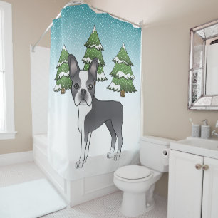 Blauer und weißer Boston Terrier in einem Winterwa Duschvorhang