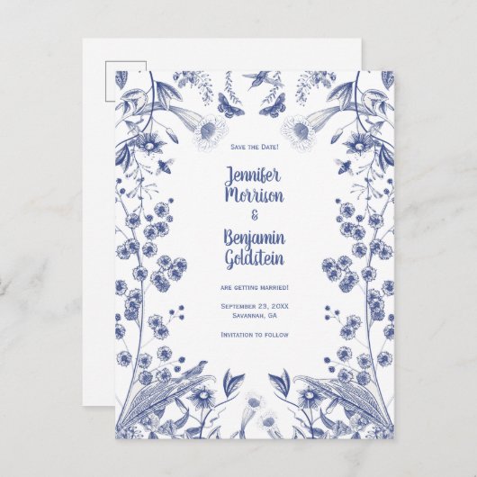 Blauer und weißer botanischer Garten Save the Date Postkarte (Vorne/Hinten)