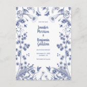 Blauer und weißer botanischer Garten Save the Date Postkarte (Vorderseite)