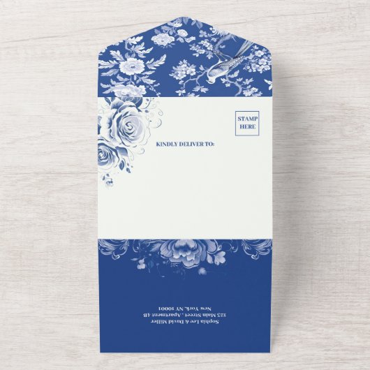 Blauer und weißer Chinoiserie Hochzeit der Blumen All In One Einladung (Außenbereich)