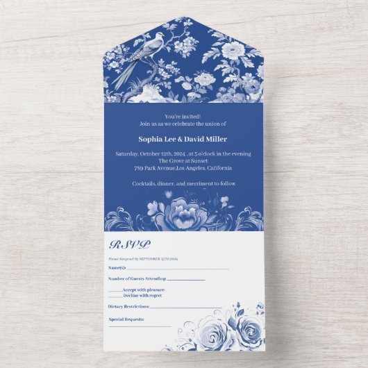 Blauer und weißer Chinoiserie Hochzeit der Blumen All In One Einladung (Innen Boden)