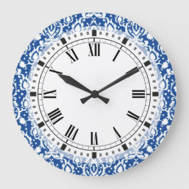 Blauer und weißer Damast Große Wanduhr