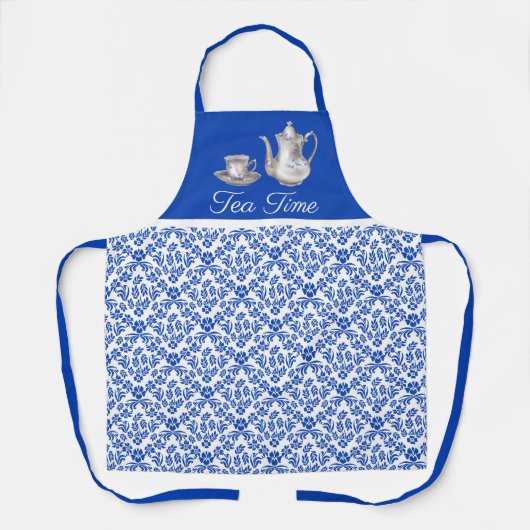 Blauer und weißer Damast mit Teebeutel und Cup Schürze (Vorderseite)