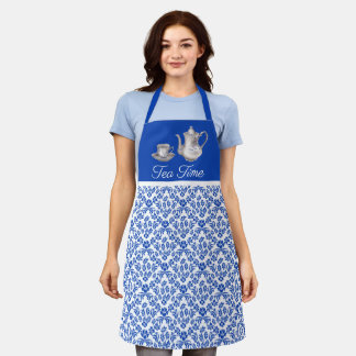 Blauer und weißer Damast mit Teebeutel und Cup Schürze